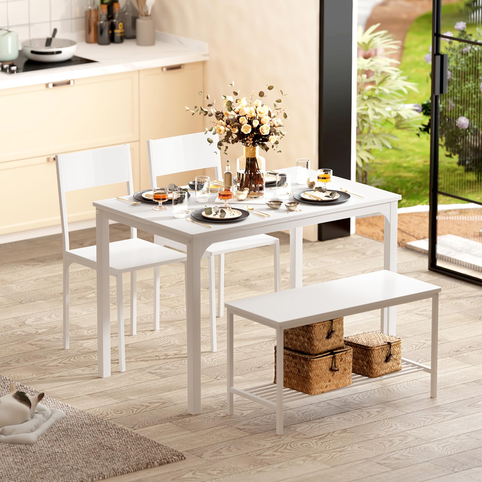 4-Piece Kitchen Dining Table Set with 1 Bench and 2 Chairs, Kitchen Bench Table Set for 4,