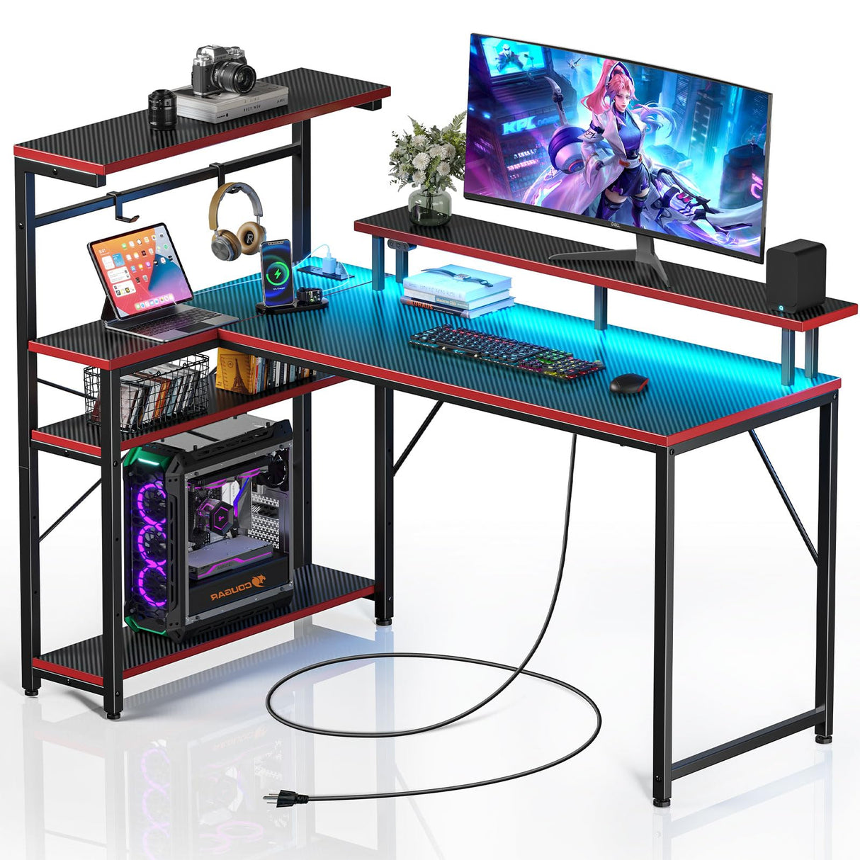 Seventable Gaming Desk with Power Outlet and LED Light, Reversible Small Desk with Monitor Stand, 4 Tiers Shelves and Hooks, 39" L Shaped Computer Desk for Living Room and Bedroom, Carbon Fiber Black