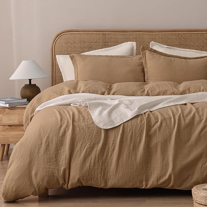 100% Natura Cotton Muslin Duvet Cover Set Queen Size, Ultra Soft Breathable Absorbent