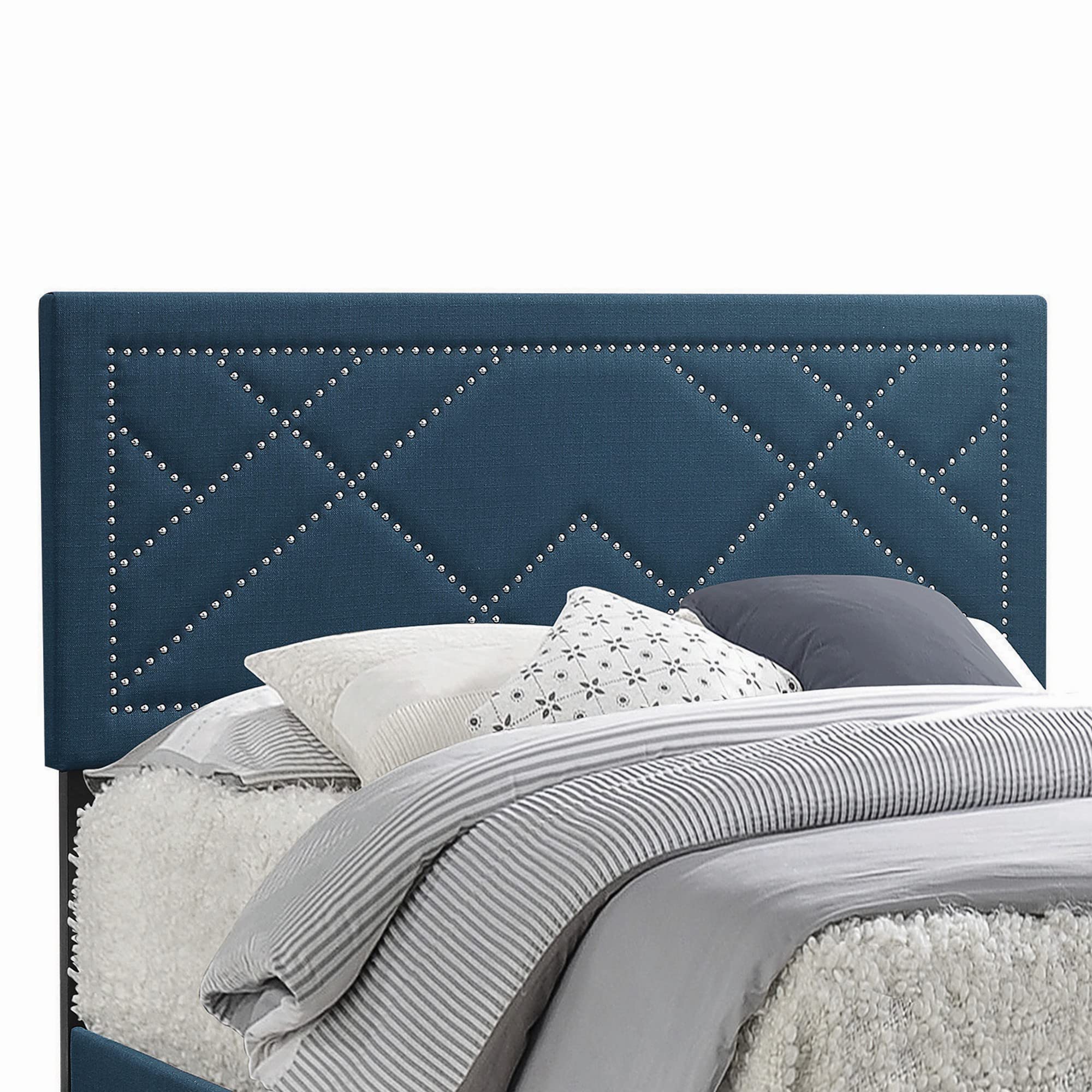 Fabric Upholstered Queen Bed with Block Legs, Blue, Brown