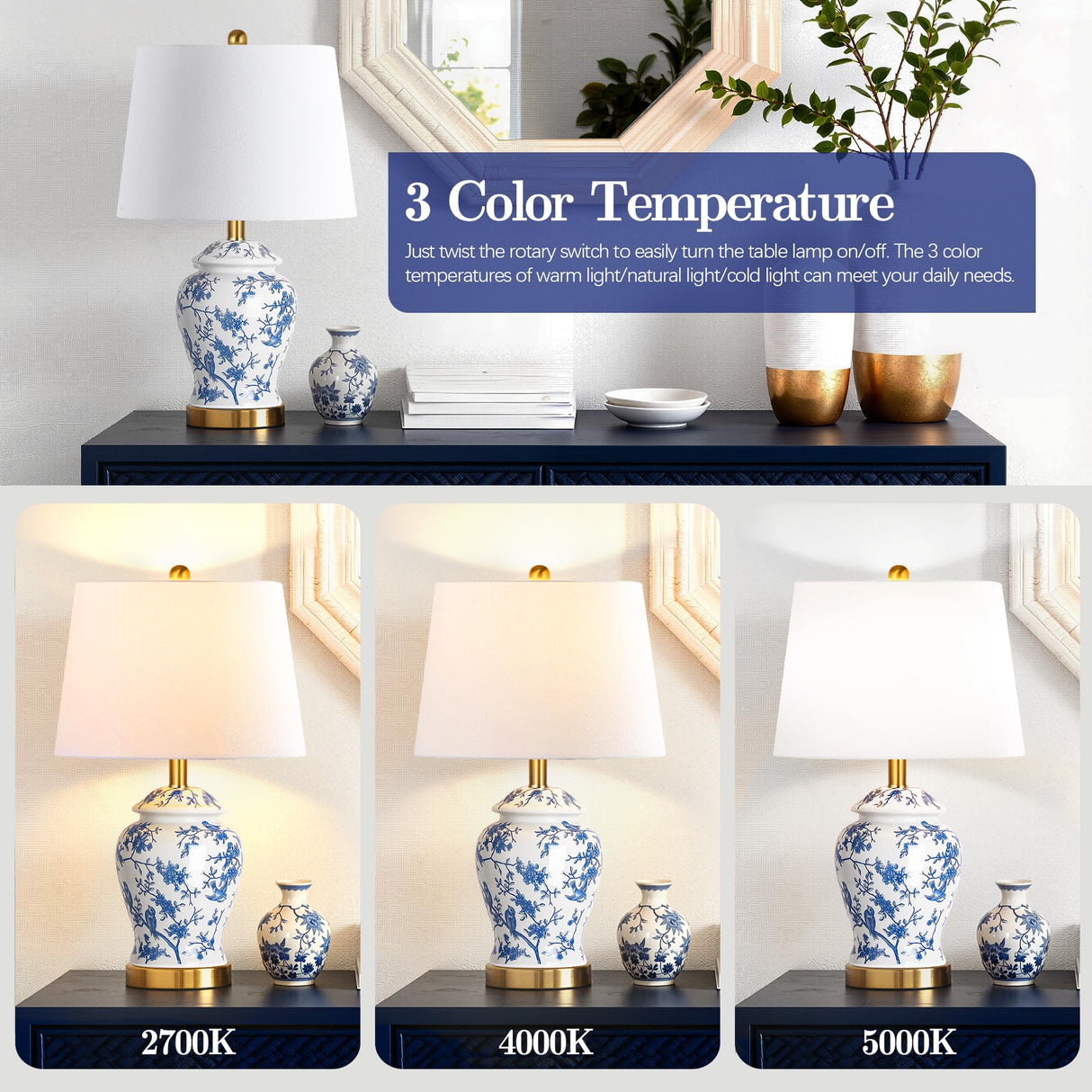 Chinoiserie Ceramic Table Lamps Set of 2 - 22" Blue and White Bedside Lamps