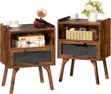 Rattan Nightstands Set of 2, Boho Side Table with Drawer Open Shelf