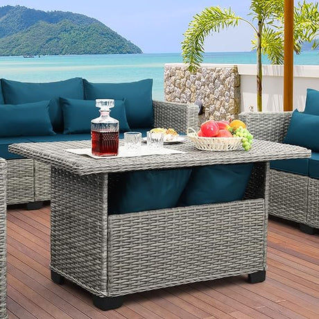 Outdoor Wicker Coffee Table Patio Furniture Garden Rattan 2-Layer Glass Table