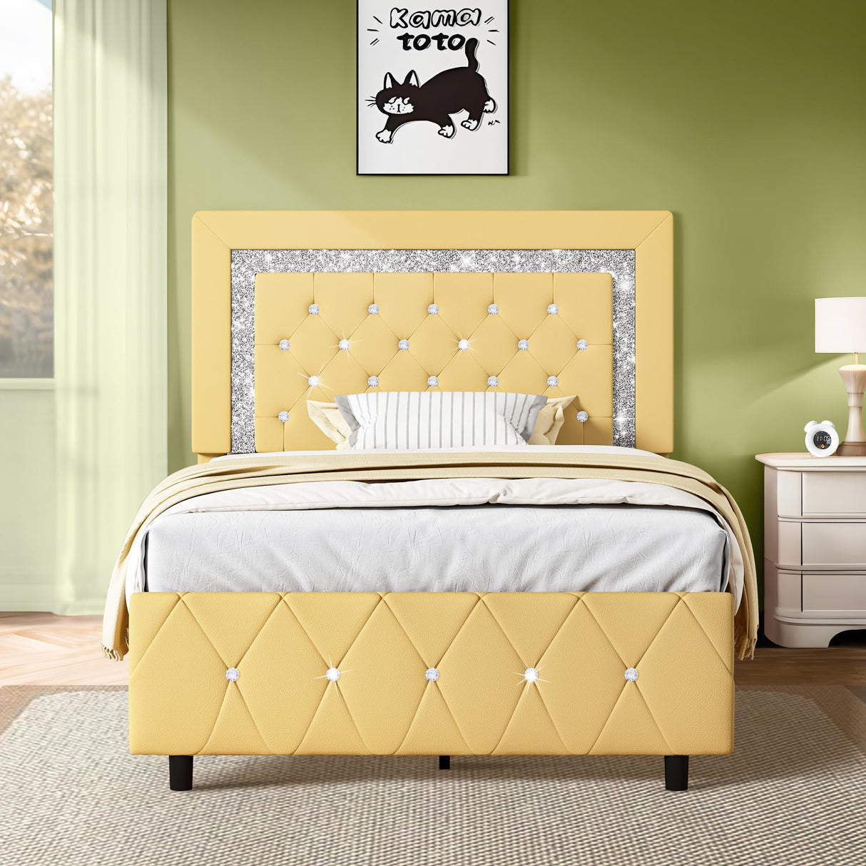 Twin Bed Frame for Girls, Cute Bed Frame Twin Size with Diamond Tufted Headboard,