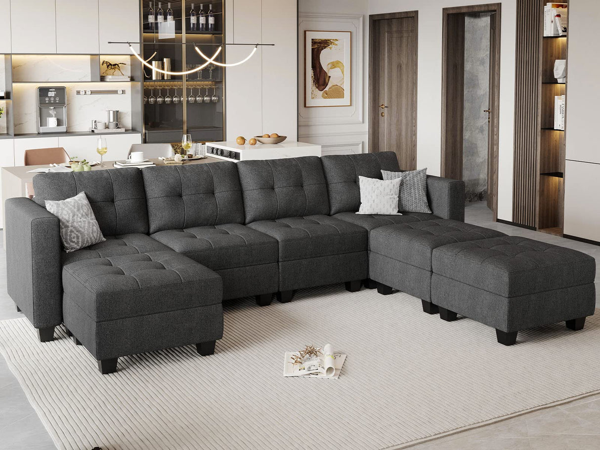 Belffin Modular Storage U-Shape Sectional Sofa Couch with Reversible Chaises 7-seat Sofa with Storage Seat Modular Sectional Sofa Set with Ottomans Modern Fabric Dark Grey