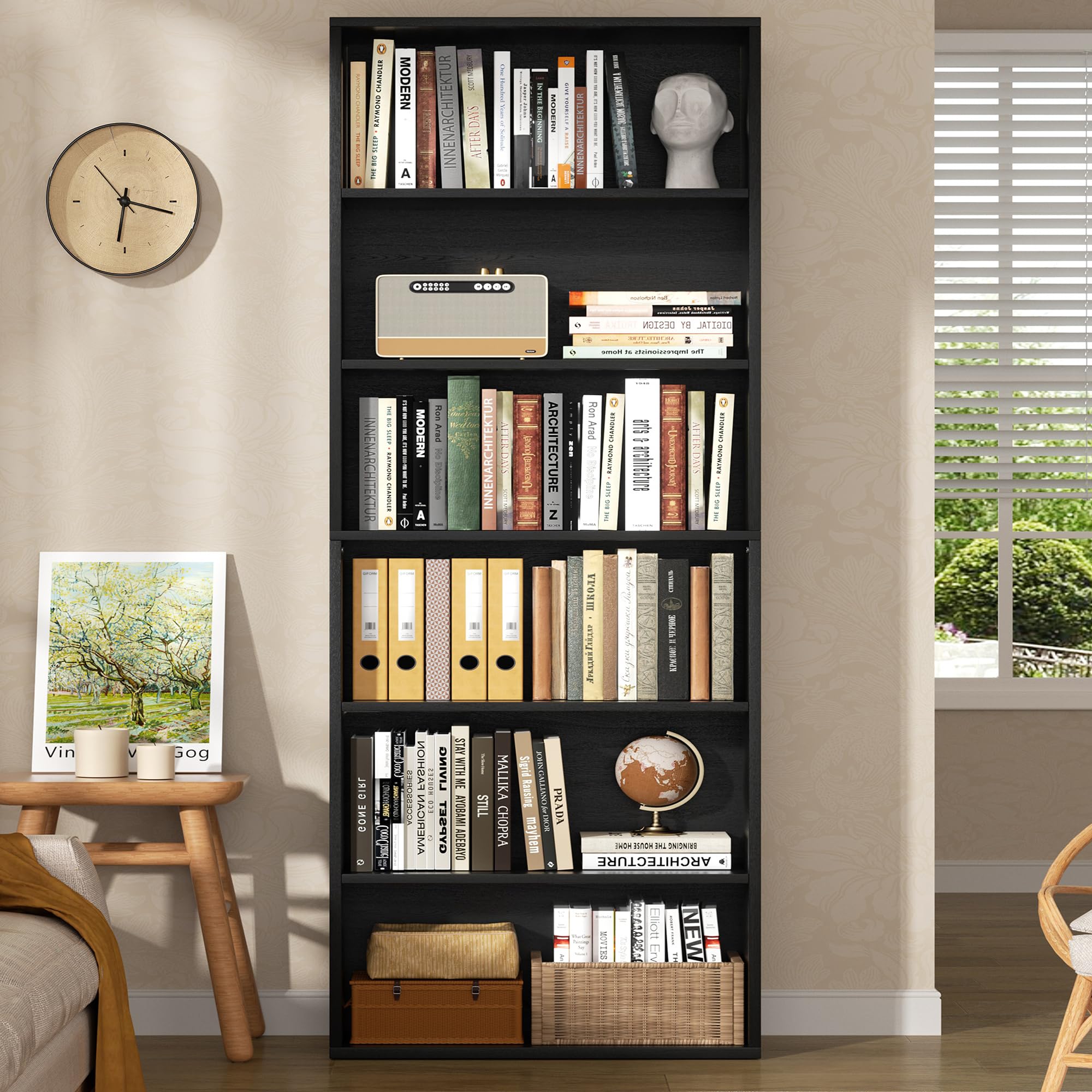 Shintenchi Bookshelf,6-Tier Open Bookcase and Bookshelves,6 Shelf Display Storage Shelves Floor Standing 70.6 inches Tall Bookcase for Home Office, Living Room (Black)