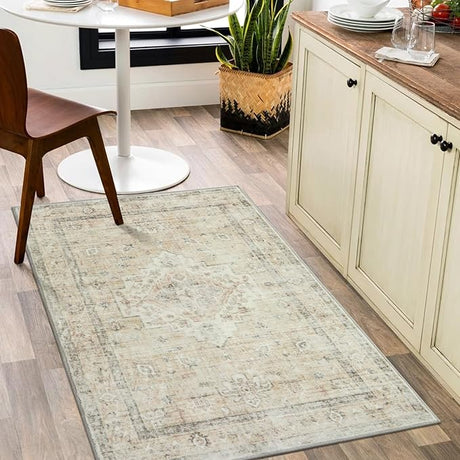 Boho Bedroom Rug 9x12 Under Bed, Soft Washable Beige Area Rugs for Living Room, Low-Pile Distressed Rug for Dining Room Home Office, Non-Slip Bohemian Farmhouse Rug for Play Room