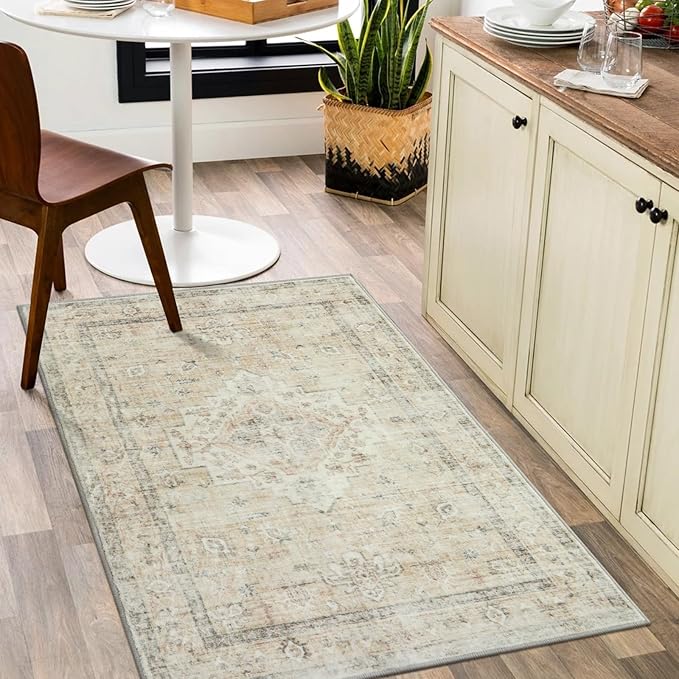 Boho Bedroom Rug 9x12 Under Bed, Soft Washable Beige Area Rugs for Living Room
