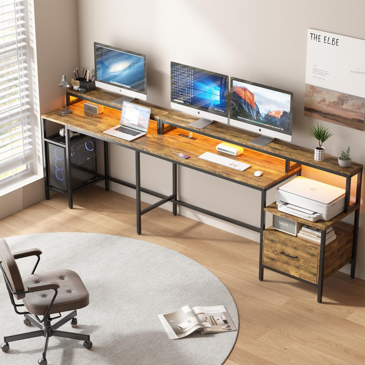 SkyMirror Computer Desk L Shaped 66" with LED Lights and Power Outlets, Reversible Gaming Desk with Monitor Stand and Printer Storage Shelves, Home Office Desk with USB and File Drawer (Vintage Brown)