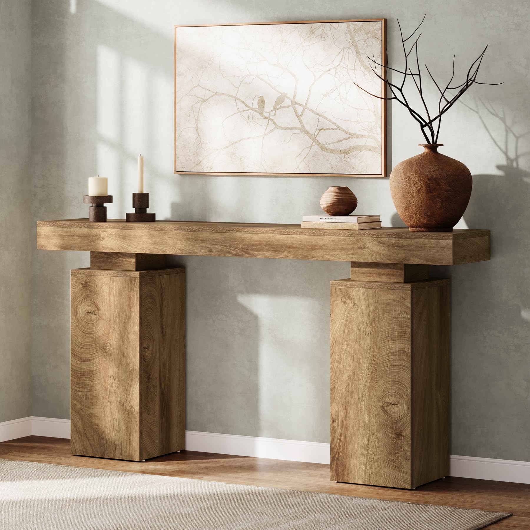 63-Inch Farmhouse Console Table - Natural Wood Finish