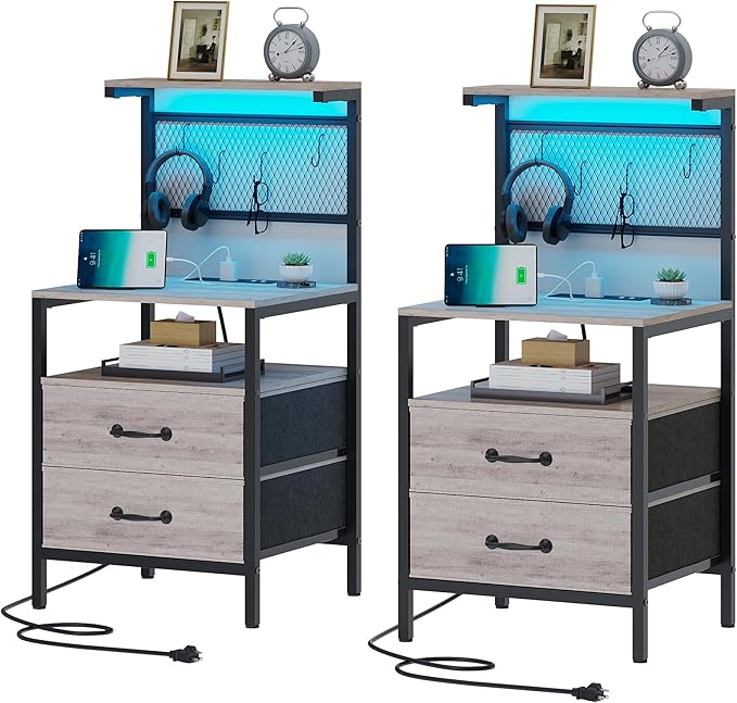 Tall Nightstand Set of 2 with Charging Station and LED Lights, Night Stand with Fabric