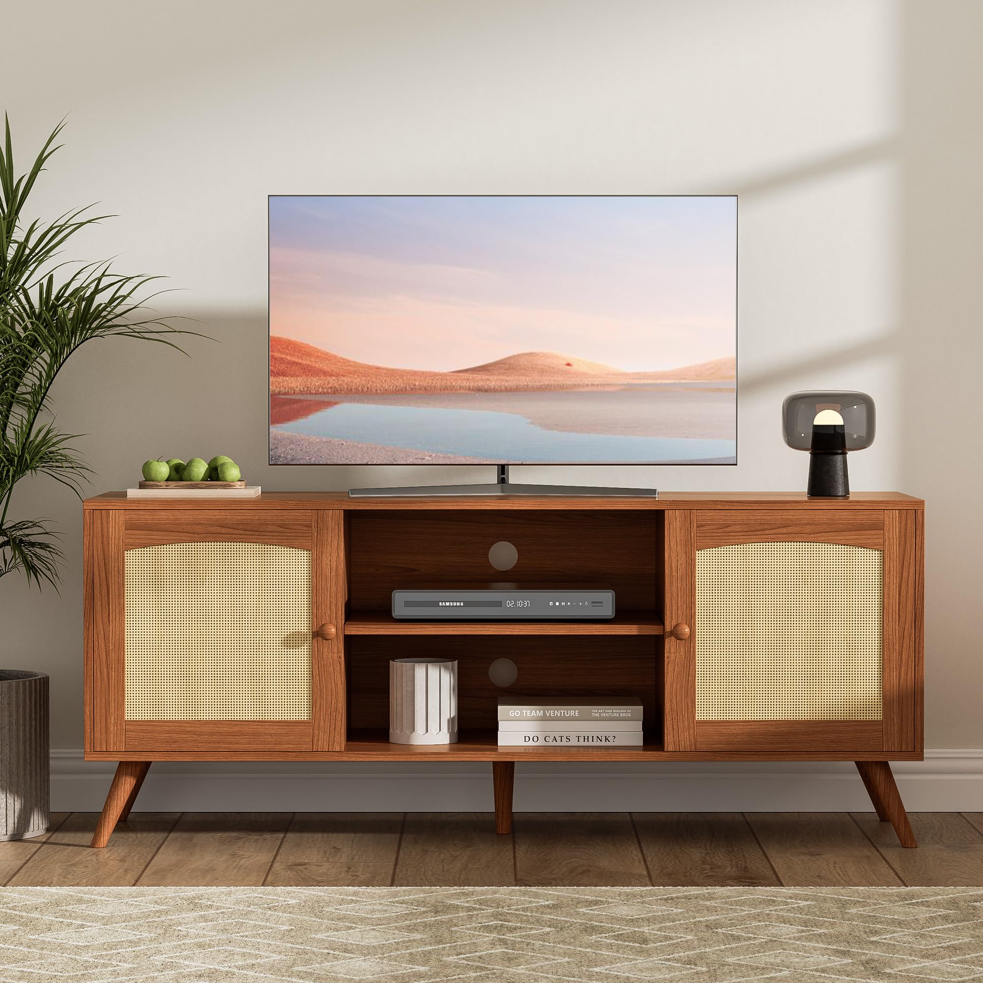 Brown Rattan TV Stand for 60 Inch TV, Wooden Mid Century Modern Entertainment Center