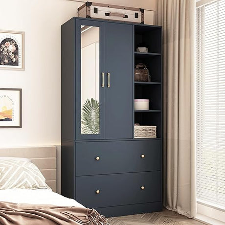 Wardrobe Armoire Closet with 2 Doors, Wooden Wardrobe Cabinet with 2 Drawers