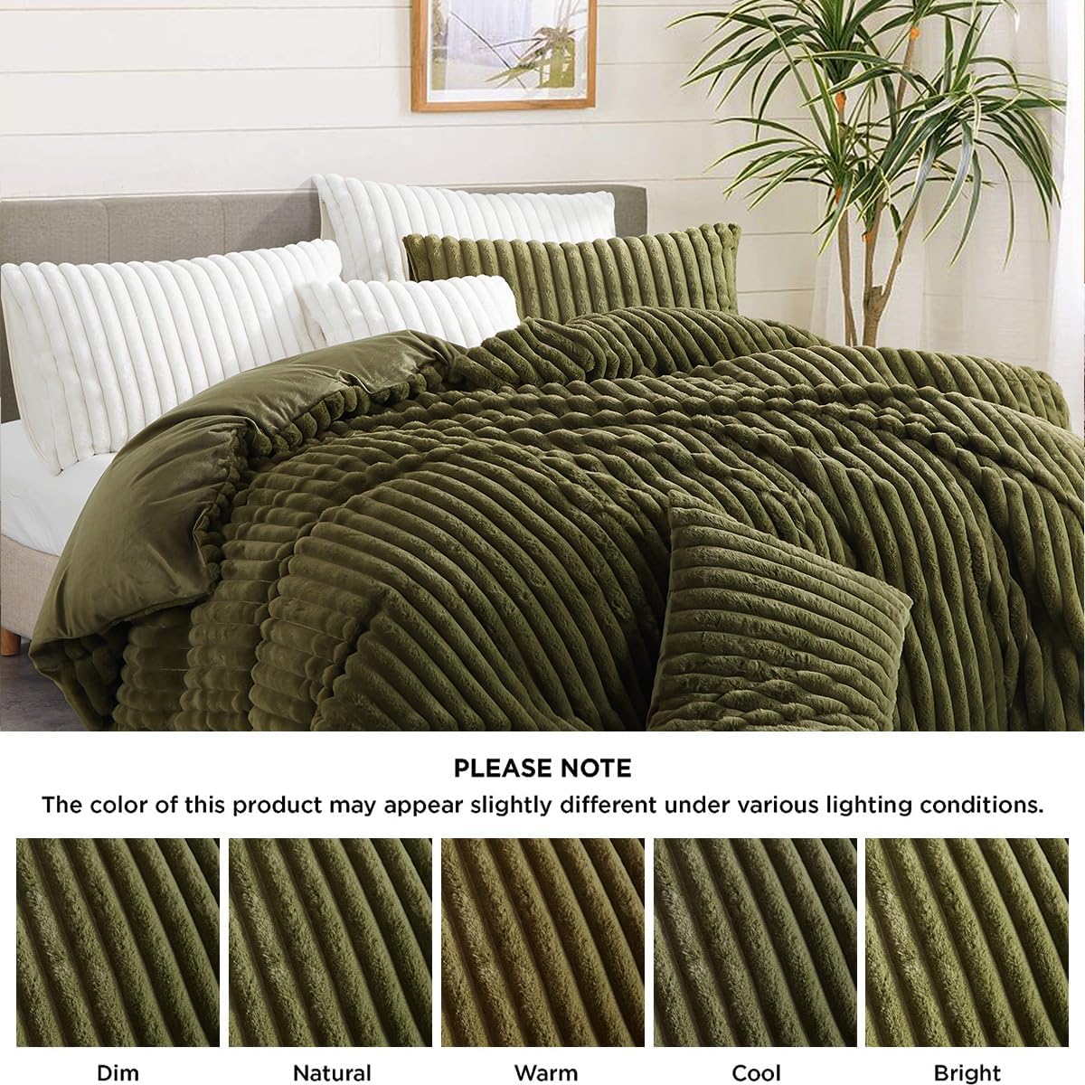 Fluffy Faux Fur Duvet Cover Queen Size Velvet Flannel Olive Green Striped Reversible Comforter