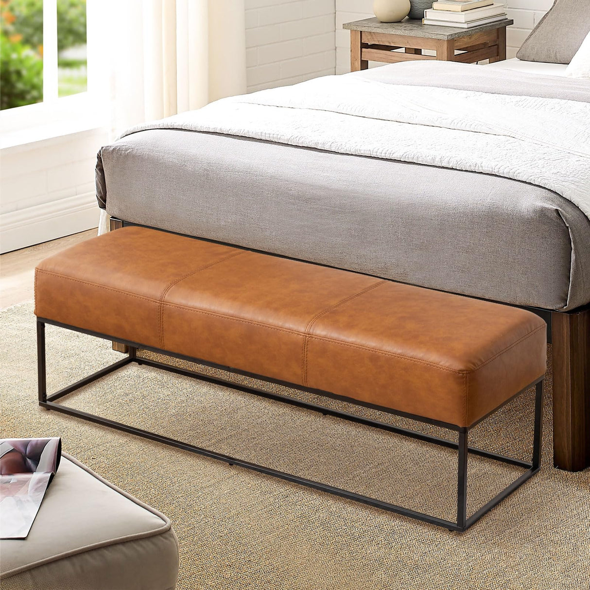 Leather Entryway Bench for Bedroom End of Bed, Modern Ottoman Bench with Faux