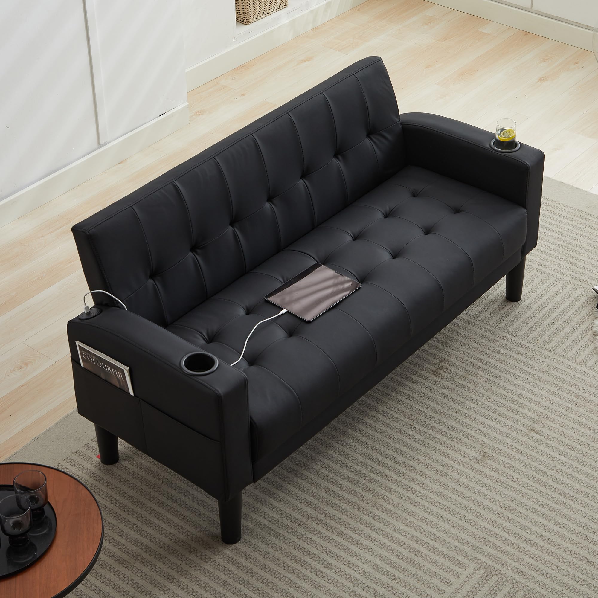 Sofa Couch 62" W Loveseat w/ 2 USB Charger Ports & 2 Cupholder