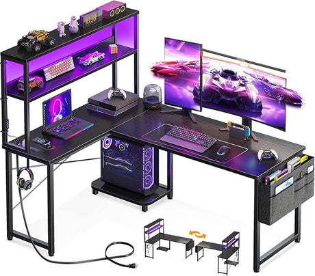 L Shaped Desk Gaming Desk with LED Light & Power Outlet, 53 Inch Reversible L Shaped Computer Desk