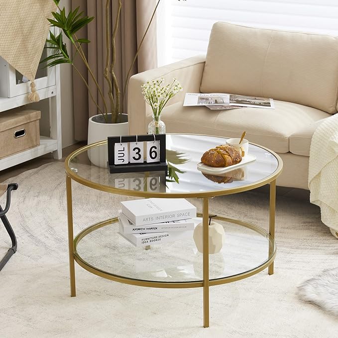 25.6" Round Gold Coffee Tables for Living Room, 2-Tier Glass Top Coffee Table