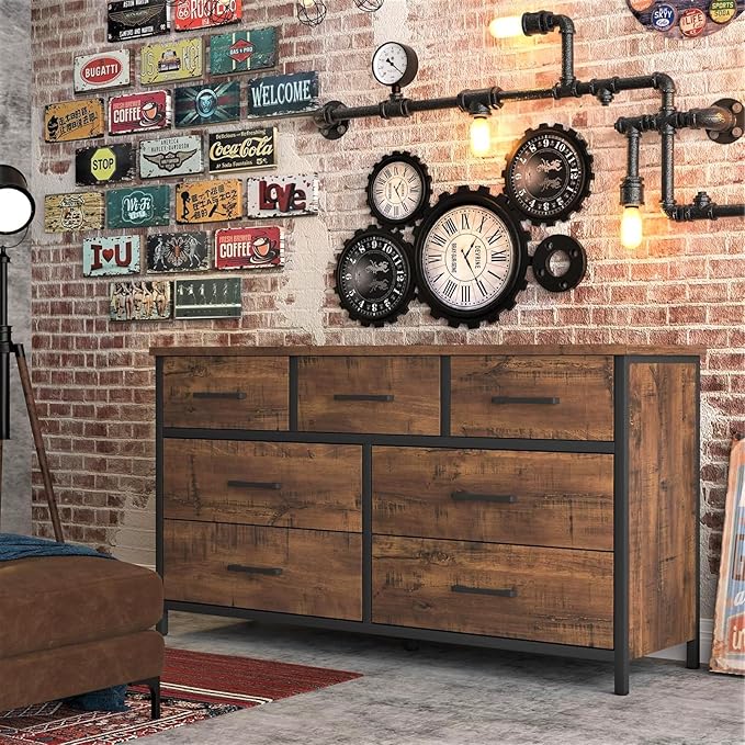 7 Drawer Dresser for Bedroom, Industrial Wood Storage Dressers