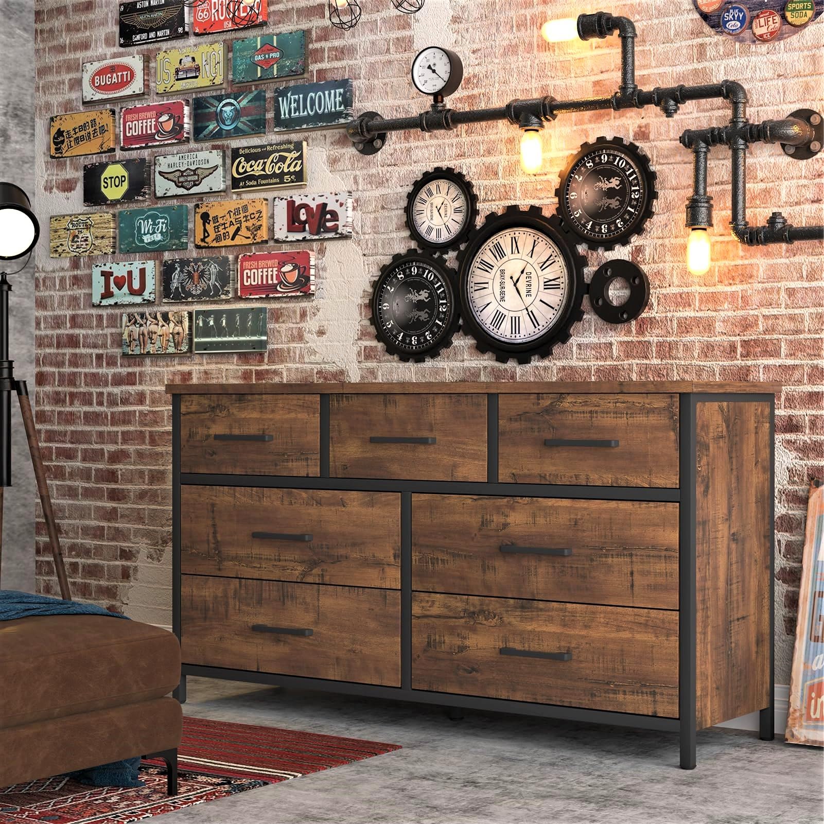 7 Drawer Dresser for Bedroom, Industrial Wood Storage Dressers