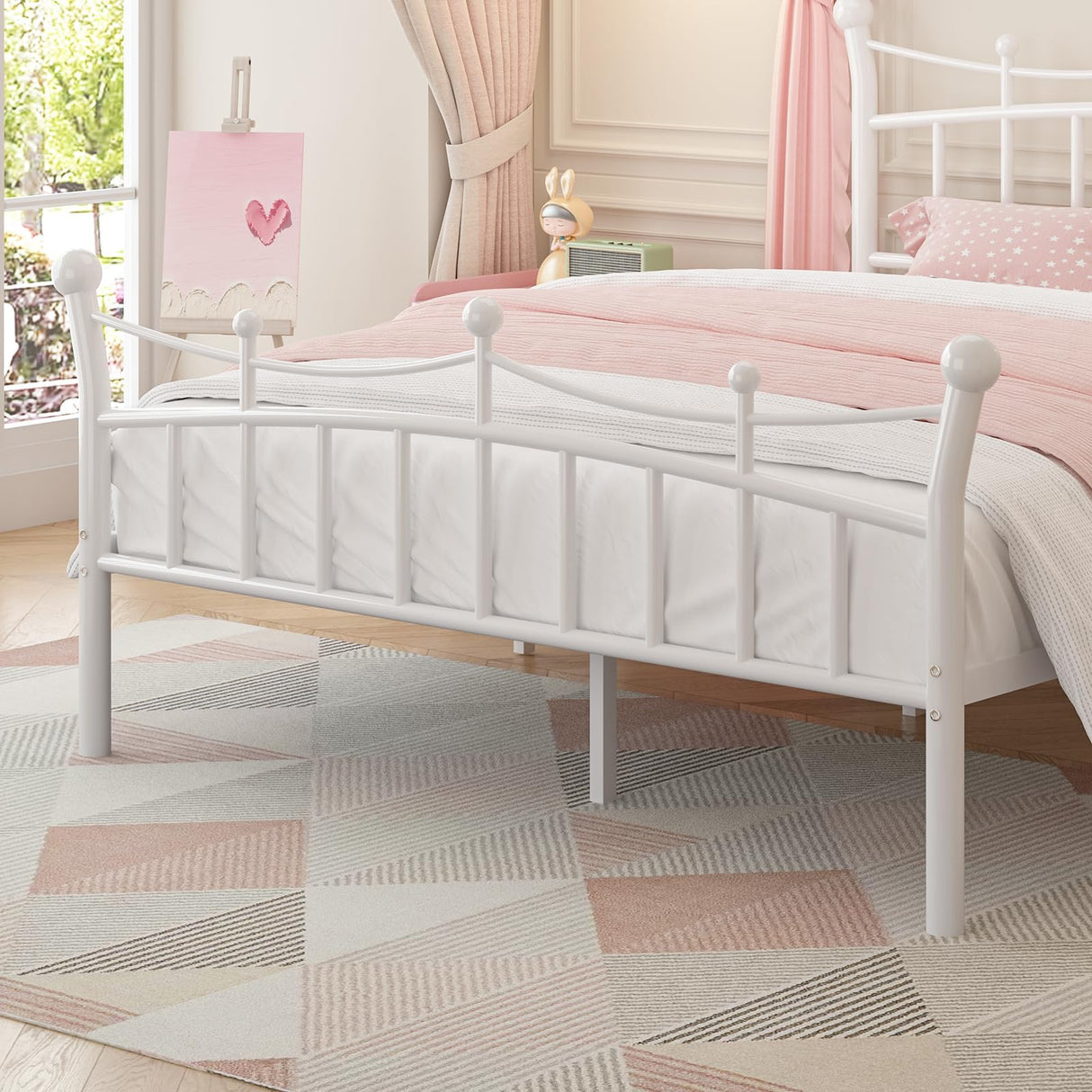 Full Size Bed Frame with Crown-Shaped Headboard, Princess Bed for Kids/Girls, Heavy Duty Metal Platform Bed with Iron-Art Headboard and Footboard, No Box Spring Needed, Easy Assembly, White