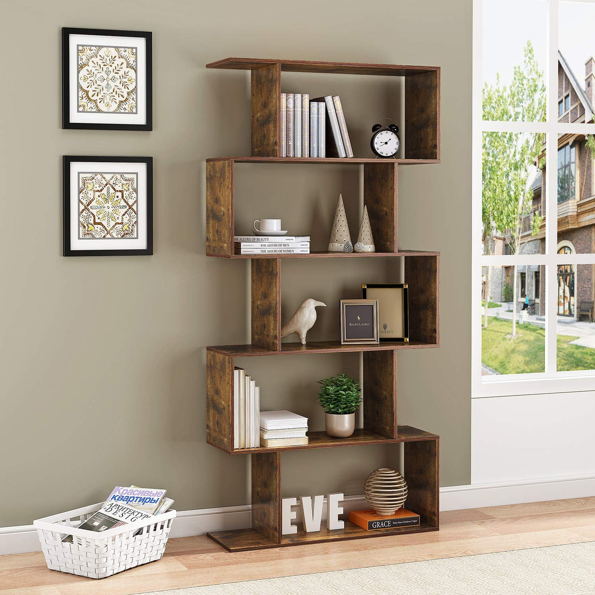 Bookshelf 5-Tier, Geometric Bookcase S Shaped Book Shelves for Bedroom, Modern Industrial Wood Decorative Display Shelf Book Case for Home Office, Rustic Brown