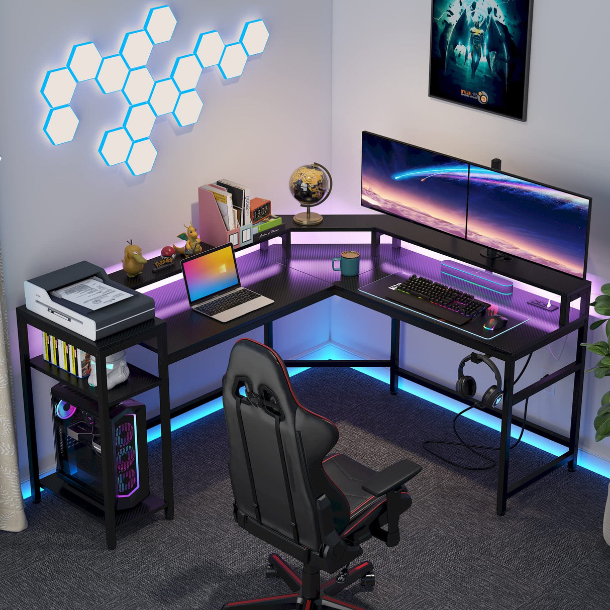 L-Shaped Gaming Desk with Power Outlets & LED Strips, L-Shaped Computer Desk