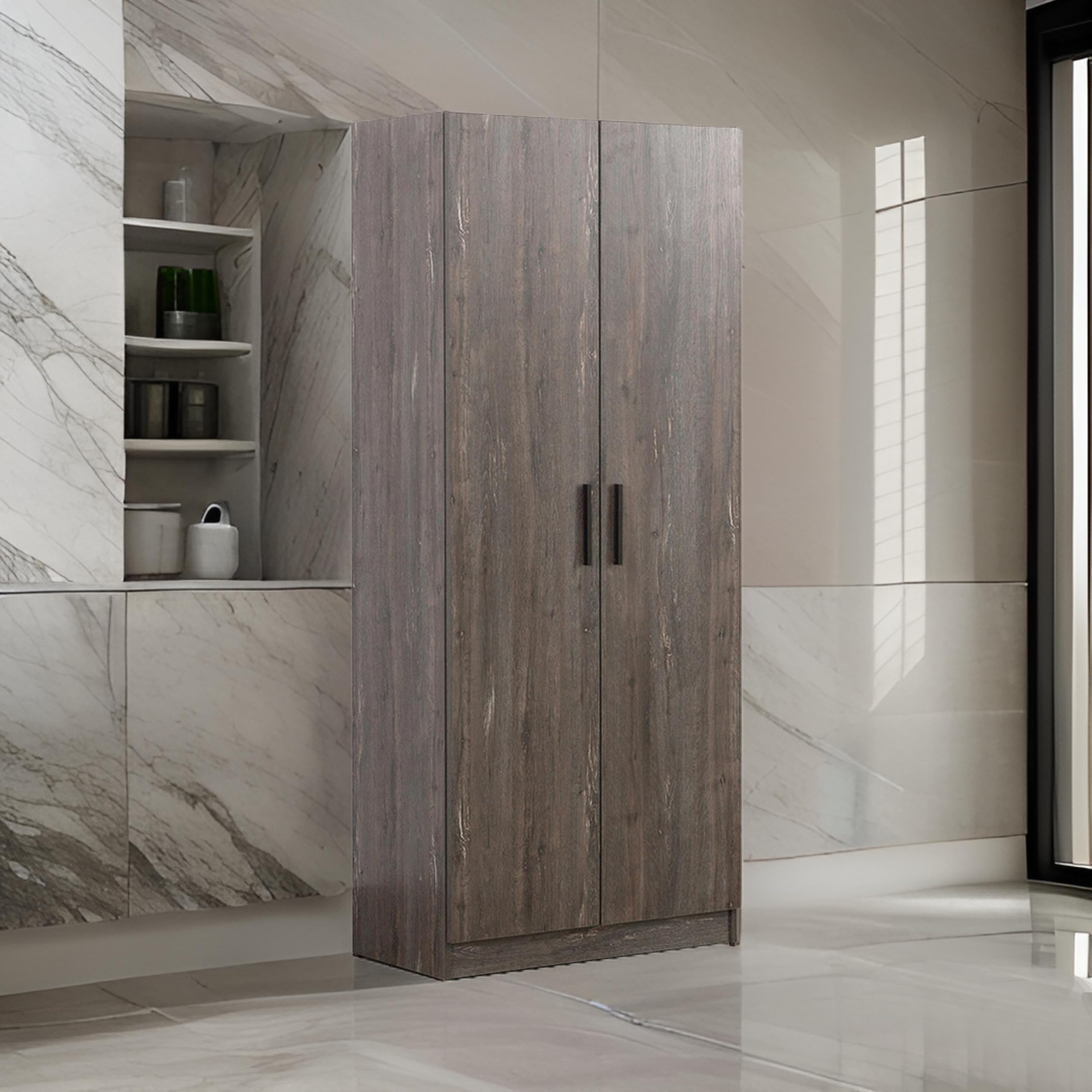 Cabinet with 6 Shelves, 2 Doors, Stable Plinth Base, Rustic, Gray and Black