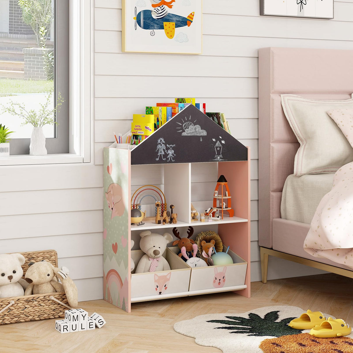 Bookshelf, Wooden Dollhouse Bookcase with Blackboard, Whiteboard, Toddler Book Shelf with Cubby & 2 Fabric Bins, Toy Storage Organizer for Kids Room, Playroom, Nursery (Pink)