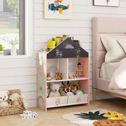 Bookshelf, Wooden Dollhouse Bookcase with Blackboard, Whiteboard, Toddler Book Shelf with Cubby & 2 Fabric Bins, Toy Storage Organizer for Kids Room, Playroom, Nursery (Pink)