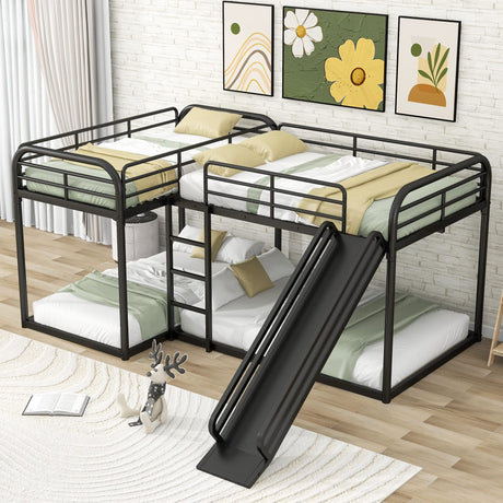 L Shaped Bunk Bed for 4, Quad Bunk Bed Twin Size, Metal Bunk Bed Frame