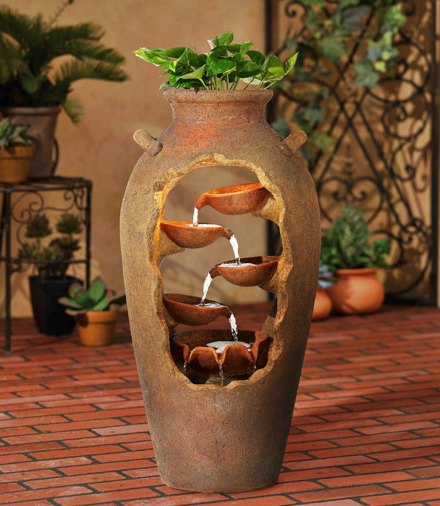 Outdoor Floor Urn Waterfalls Fountain 33" High with LED Light and Planter Decor for Garden