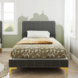 Twin Bed Frames, Modern Velvet Upholstered Platform Bed with Headboard, Soft Rounded