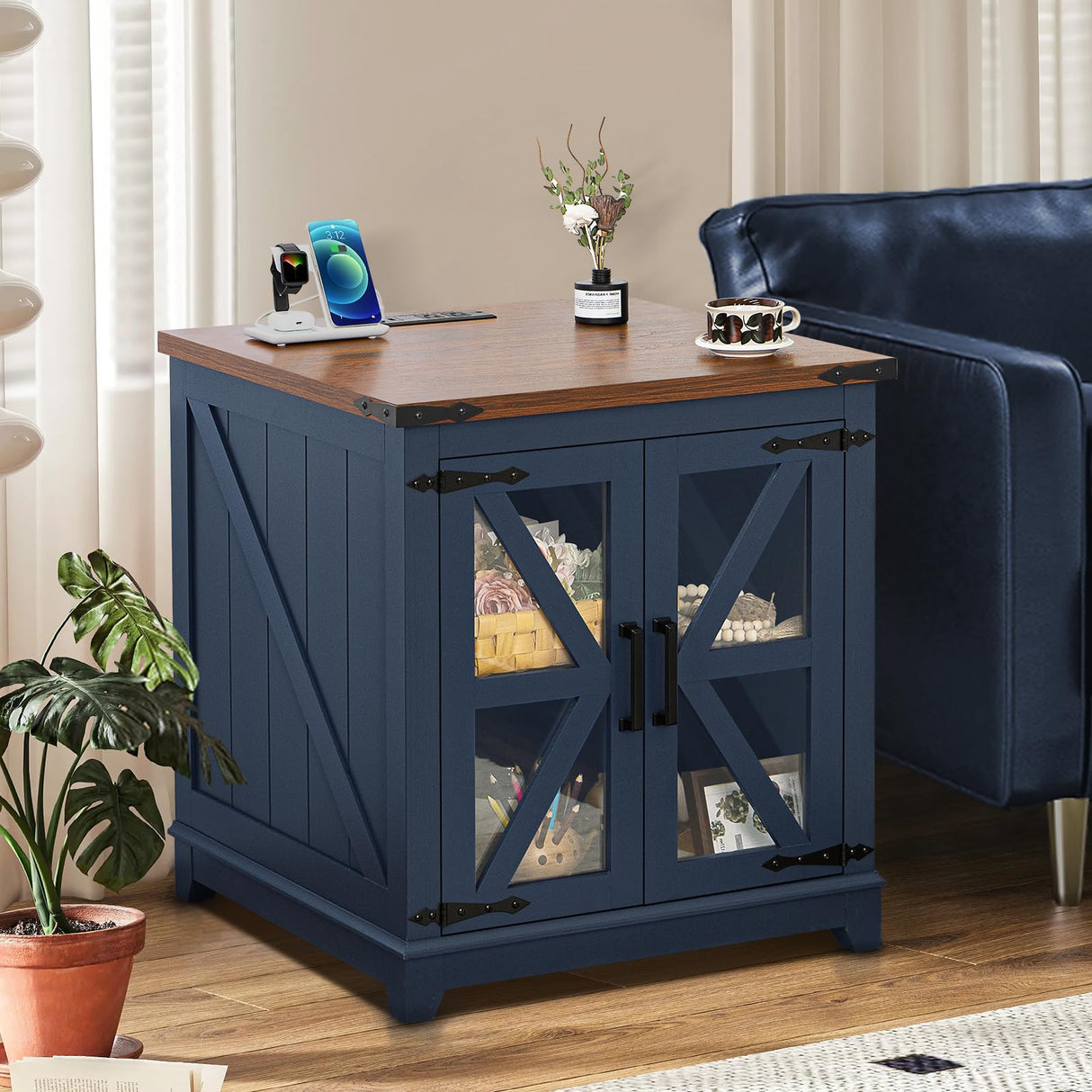 Farmhouse End Table with Charging Station, 24" Large Sofa Side Table