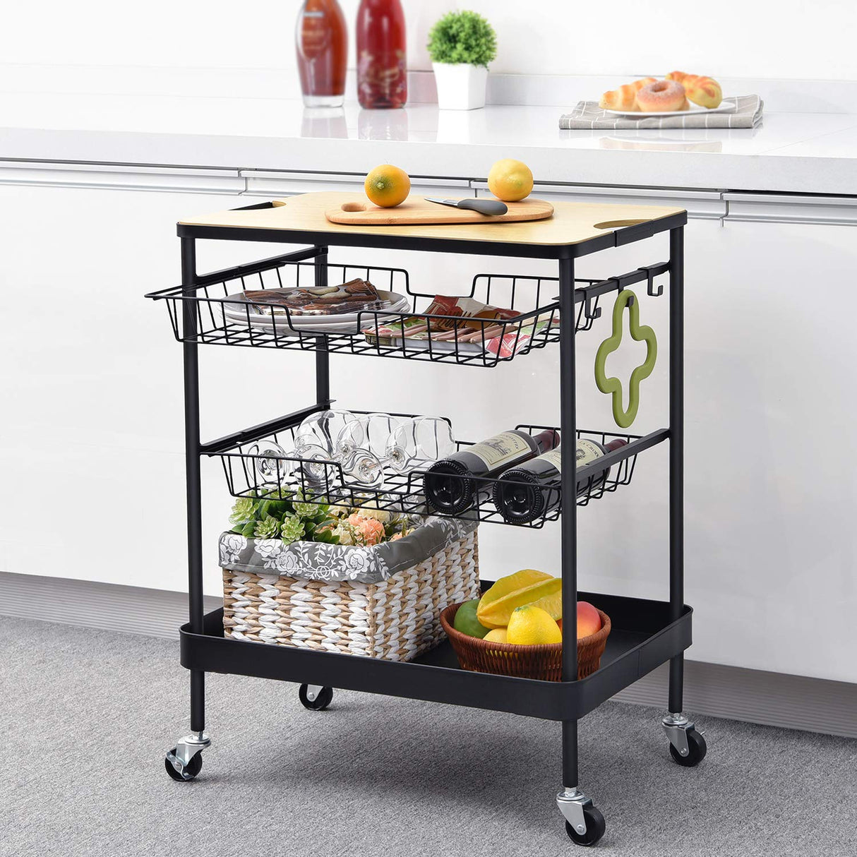 Kitchen Island Serving Cart with Utility Wood Tabletop, 4-Tier Rolling Storage Cart