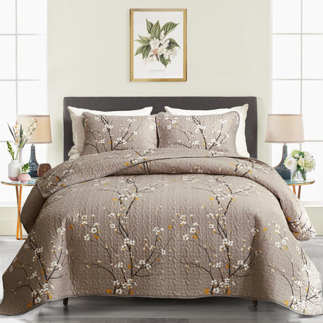 3 Pieces Quilt Set Queen Full Size 88x88 Tan Gray Branch Floral Style Soft