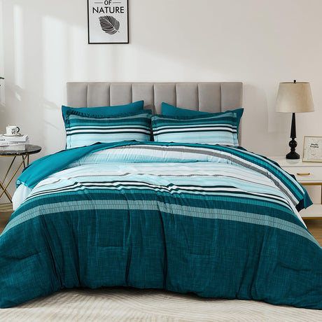 Teal Queen Comforter Set 7 Pieces, Blue Boho Striped Bed in a Bag Queen