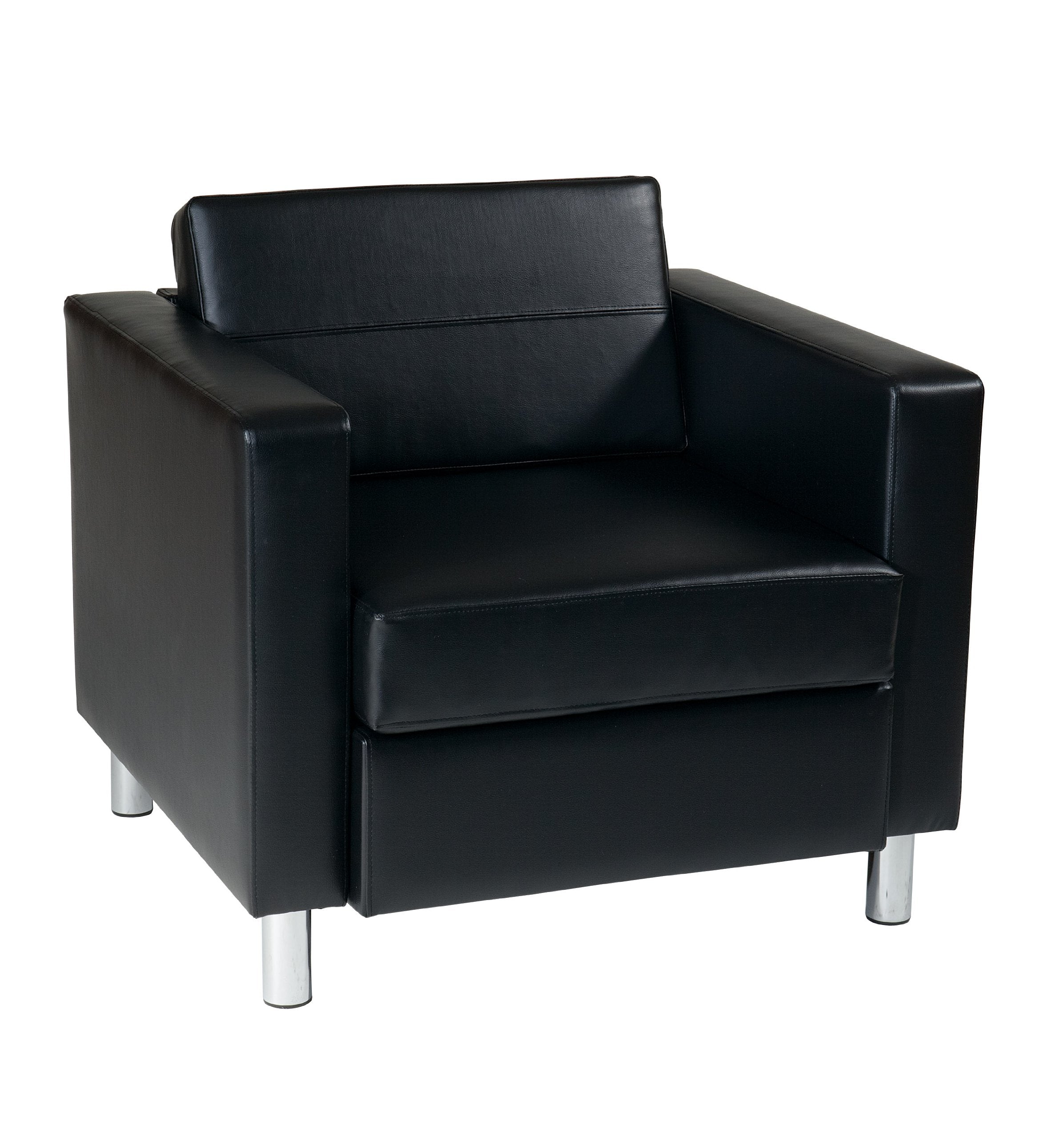 Armchair with Padded Box Spring Seats and Silver Finish Legs, Black Vinyl