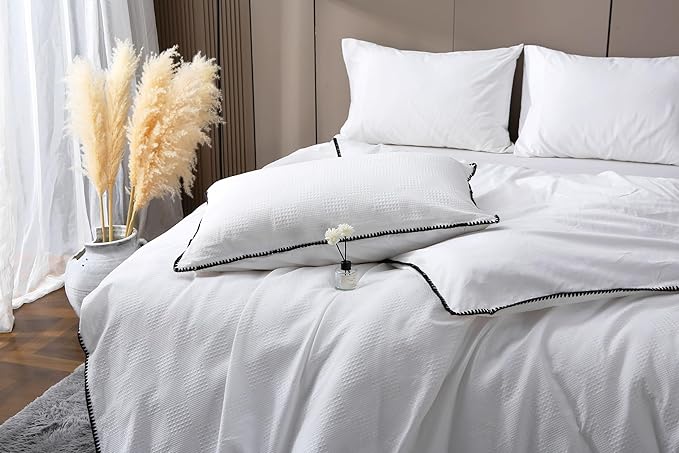 Vintage Oeko Certified Duvet Cover Set, White Waffle Pattern, Elegant Design (King)