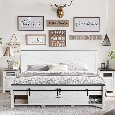 Farmhouse Wood Bed Frame Queen Size with Sliding Barn