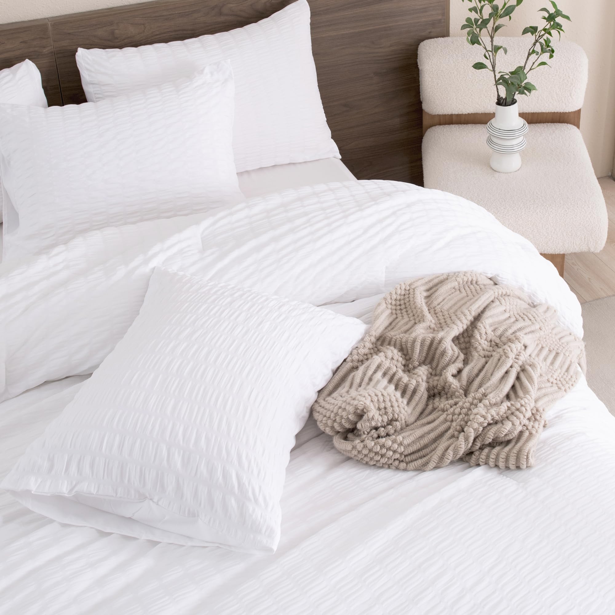King Size Comforter Set White, 3 Pieces Seersucker Bedding Comforter Sets