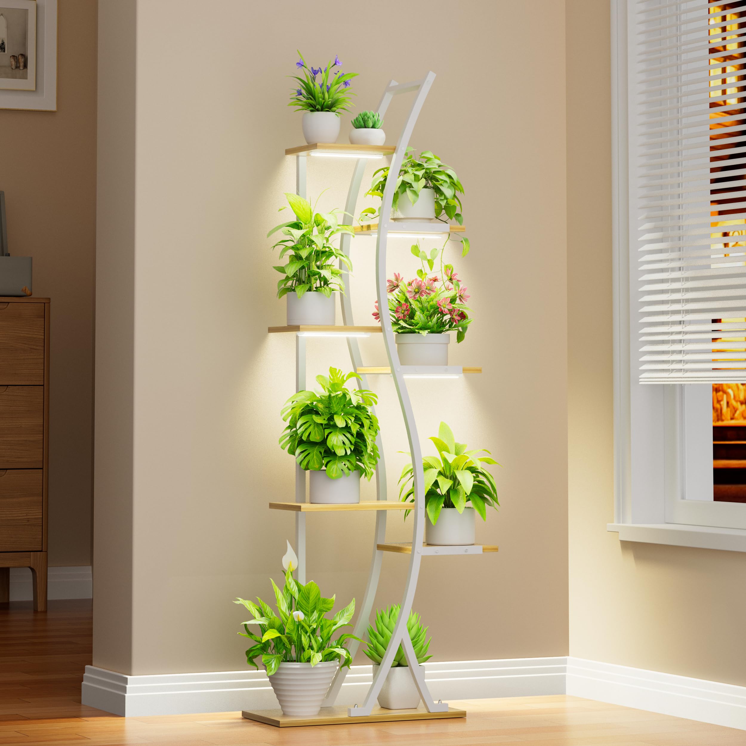 62" Tall Plant Stand with Grow Light Indoor, 7 Tiered White Plant Shelf for Indoor Plants