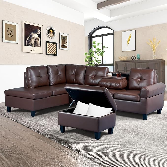 Faux Leather L-Shaped Sectional Sofa with Storage Ottoman, Nailhead Rivet Hemming