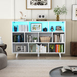 10 Cube Book Shelf with LED Lights, 3-Tier White Bookcase with Solid Wood Legs