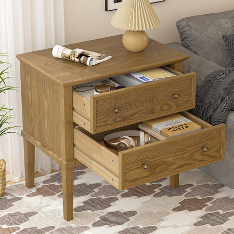 Solid Wood Nightstand with 2 Drawers, Practical Bed Side Table/Night Stan