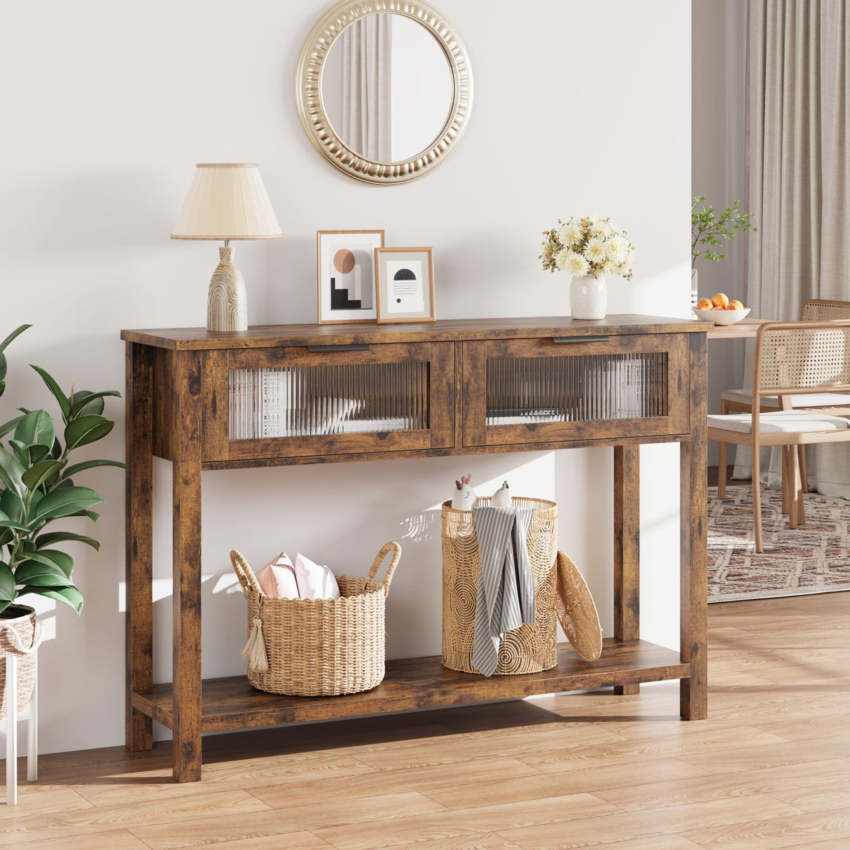 Entryway Table, Wood Sofa Table with 2 Glass Drawers, 2 Tier Console Table Storage