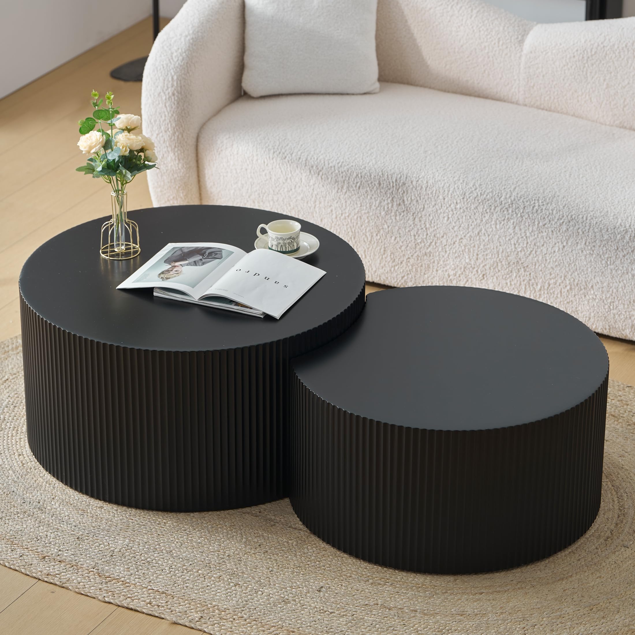 Nesting Coffee Table Set of 2, Vertical Stripe Design Drum End Round Side