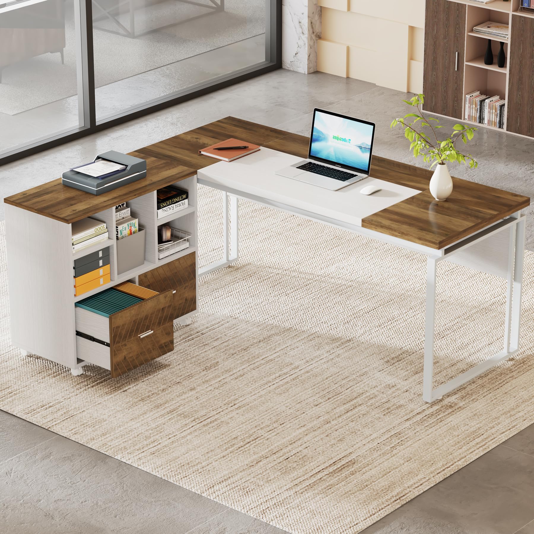 ProWork 63W L-Shaped Executive Desk with Reversible File Cabinet & Storage