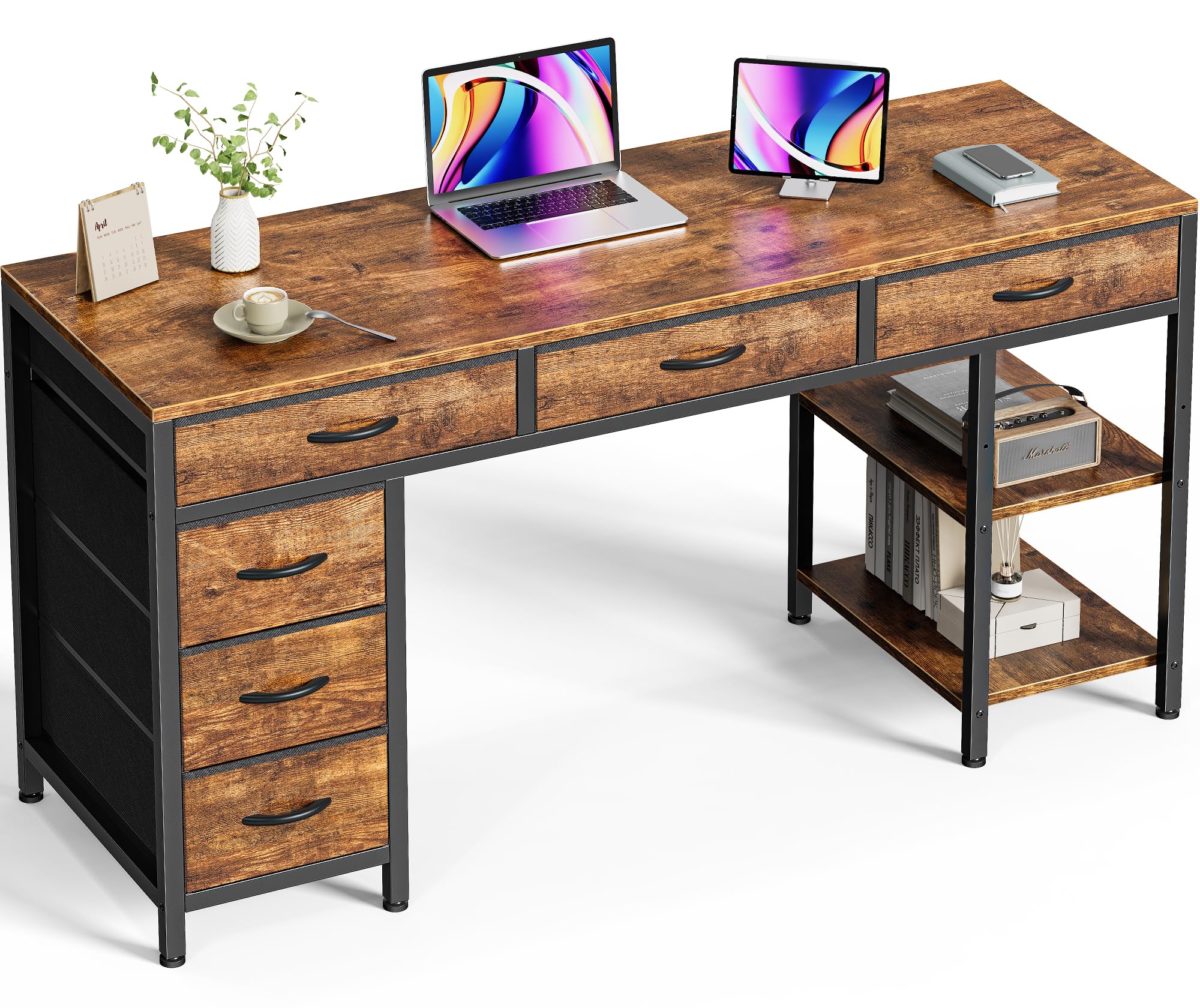 Huuger Computer Desk with 6 Drawers, 54 Inch Office Desk with Shelves, Reversible Gaming Desk, Corner Desk with Storage, Work Desk for Home Office, Study, Living Room, Rustic Brown