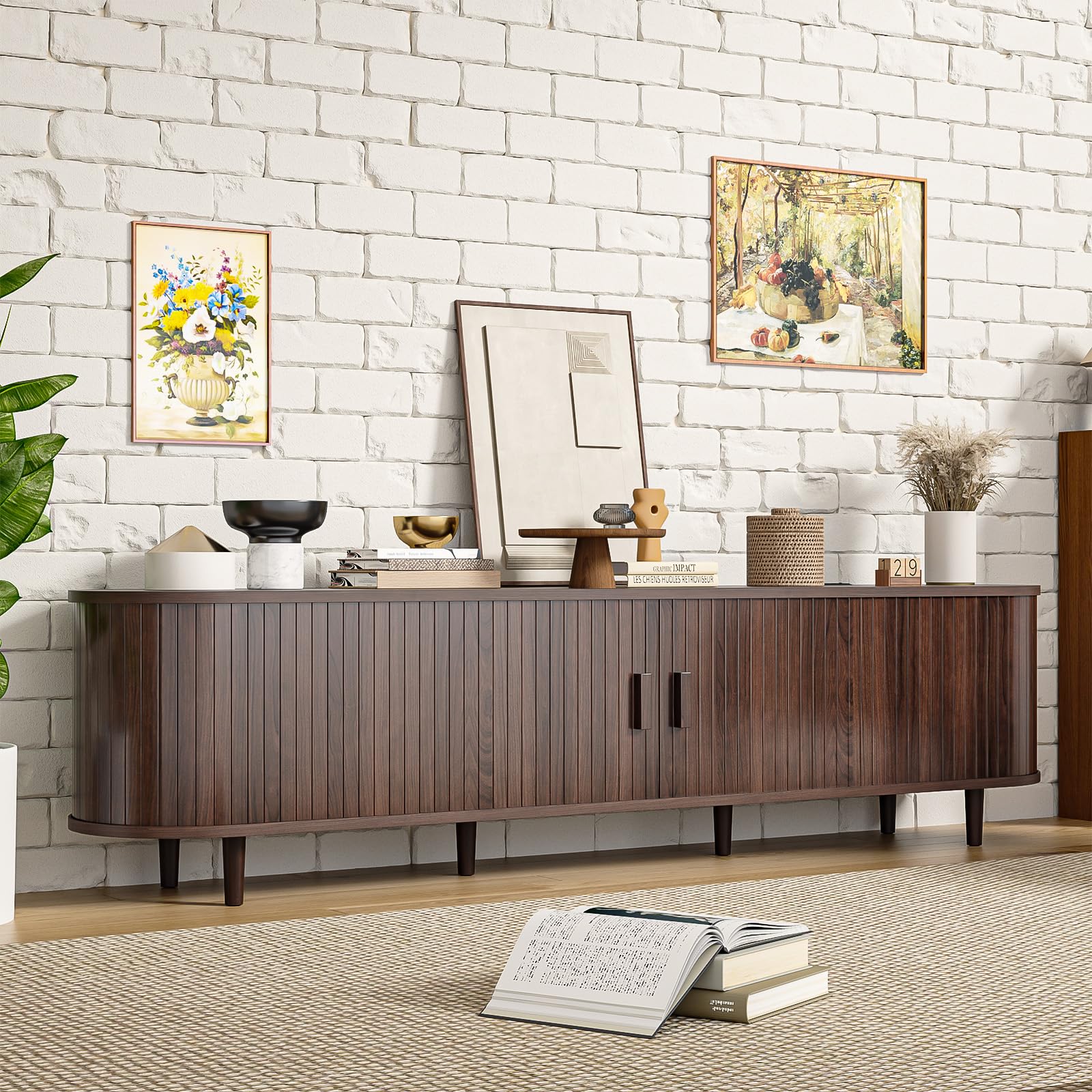 70" Mid-Century Modern TV Stand with Sliding Doors